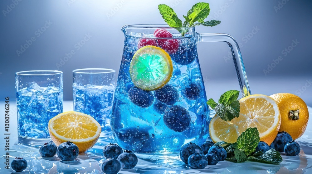 Poster refreshing blue raspberry lemonade in a pitcher with ice and fruit.