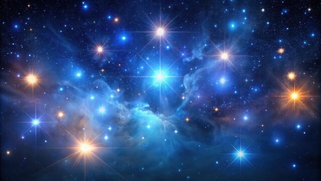 Celestial wonder with vibrant starry sky and constellations of Orion Nebula, Pleiades, and Hyades clusters shining brightly against a deep blue background, celestial, cosmos