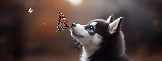 Obraz premium A cute husky puppy with a butterfly perched on its nose 