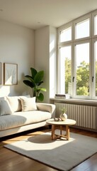 Fototapeta premium Modern minimalist living room, sunlight streaming in, interior design, cozy