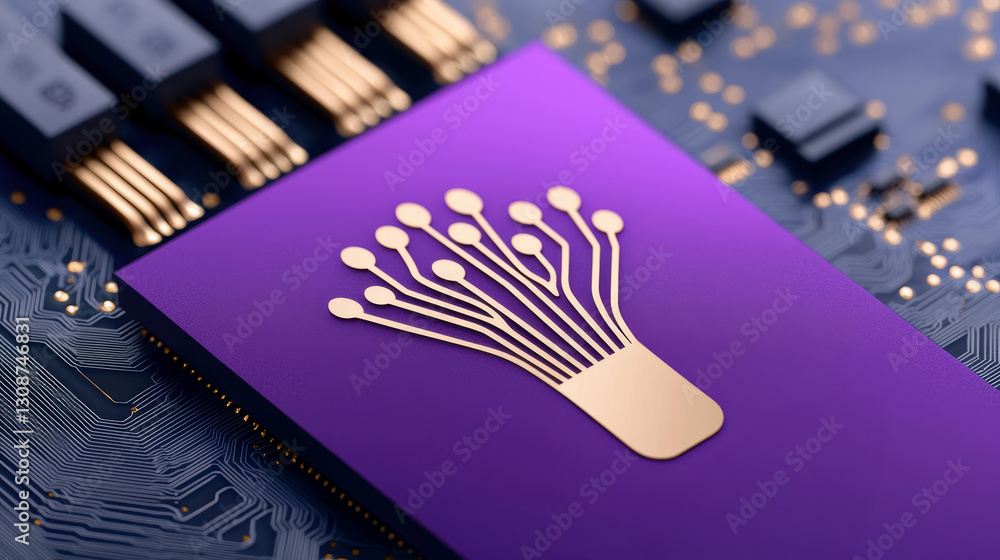Poster a close-up view of a purple circuit board featuring a golden logo resembling a tree, with electronic