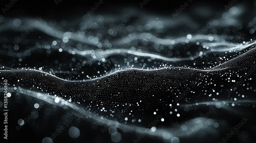 Poster an abstract display featuring waves and dots on a black background