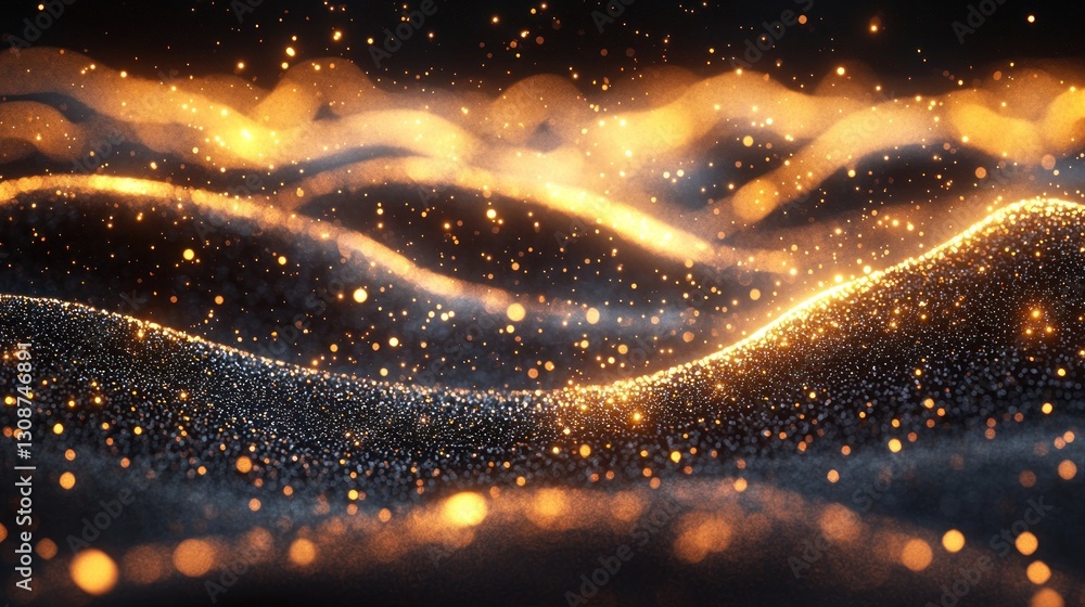 Poster sparkling golden particles floating over dark flowing textured surface