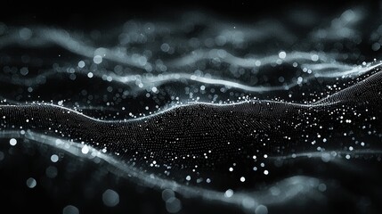 An abstract display featuring waves and dots on a black background