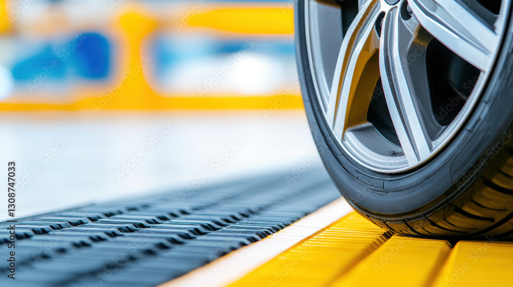 Poster close-up of a car tire on a yellow surface, showcasing the tread pattern and emphasizing vehicle mai