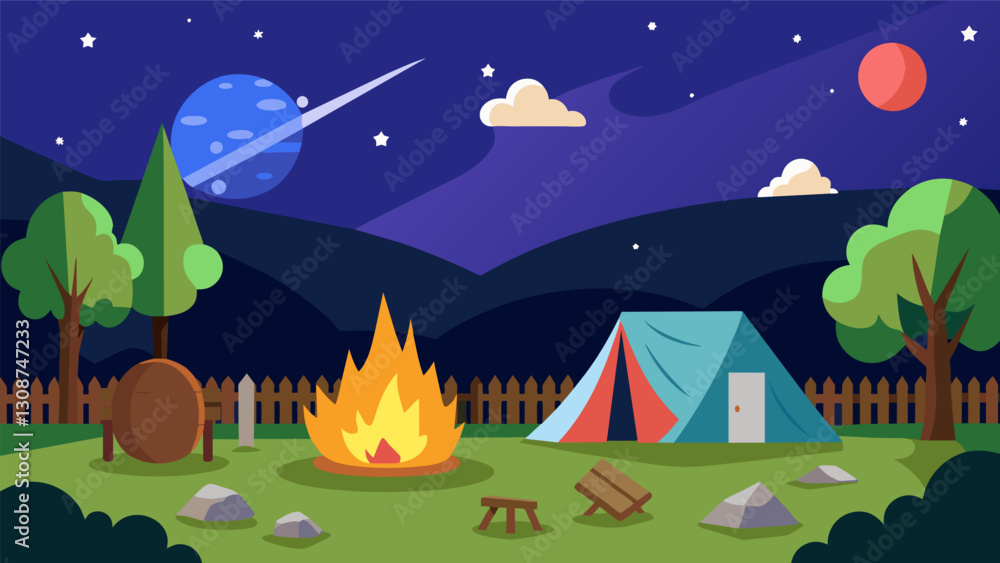 Aufkleber setting up a makeshift campsite in the backyard to stay up all night and observe a meteor shower.. v