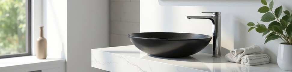 Sculptural black vessel sink on a crisp white marble countertop Bright, airy modern bathroom , bathroom fixture, texture