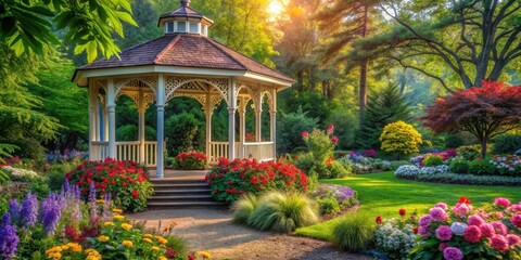 Obraz premium Romantic gazebo amidst vibrant greenery with vibrant flowers and foliage
