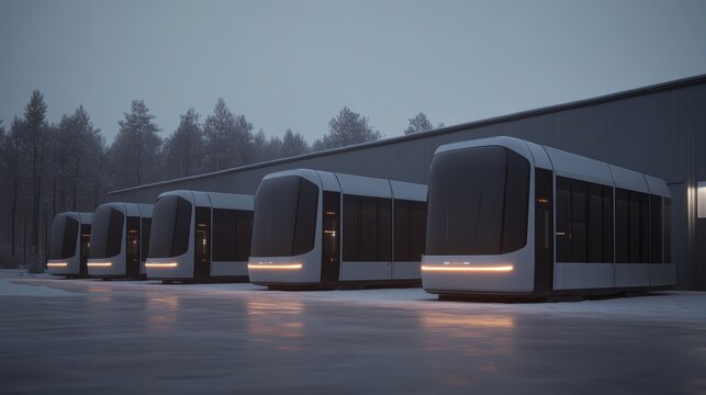 Futuristic electric buses parked in snowy yard.