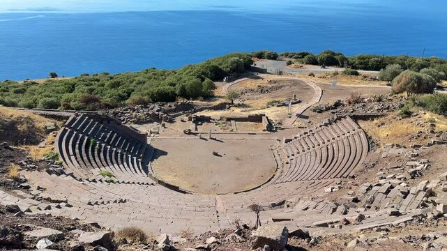 Morning in the ancient theatre of Assos. Famous ancient cities of Turkey. Travelling to Turkey. Ayvacik district, Canakkale province.  4k video