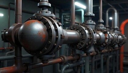 Industrial Piping System Close up of Aged Metal Pipes and Valves in a Factory Setting