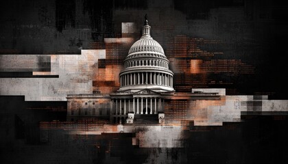 Fototapeta premium Mixed-media digital art of the US Capitol blended with financial data visuals, distressed textures, capturing the intersection of politics and economy