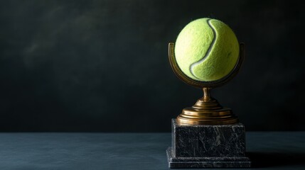 A tennis ball trophy placed on top of a marble base