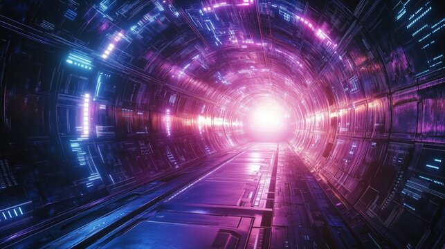 Colorful futuristic tunnel with neon lights and digital patterns leading to a bright light at the end during a mysterious journey