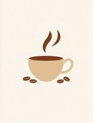 Obraz premium Minimalist coffee cup design featuring steam and scattered coffee beans in warm tones