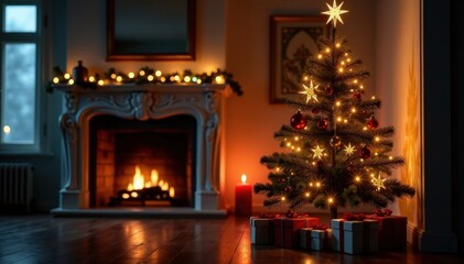 Fototapeta premium Sparkling tree, presents under, festive mantelpiece above fireplace , christmas decorations, vintage, glowing