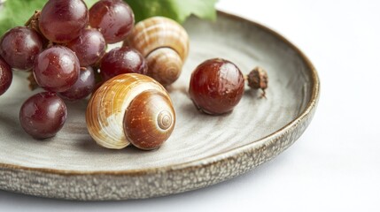 Obraz premium Fresh Grapes and Snails on Plate.