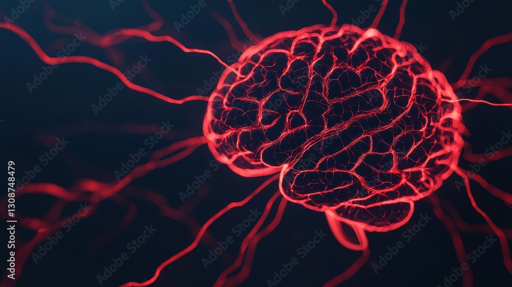 Poster detailed visualization of a human brain with electric pulses and neural activity representation