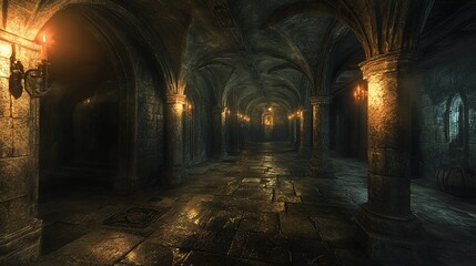 Fototapeta premium Dark castle crypt corridor, candlelight, stone walls, game background