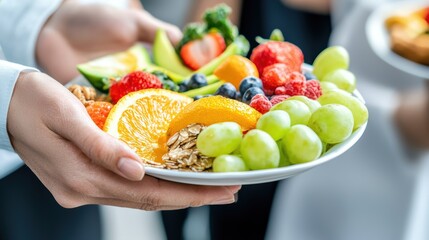 Professional serving healthy snacks at an office wellness event, with care and nutrition, fostering a culture of health in a corporate space