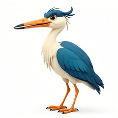 Adorable Cartoon Heron Bird Illustration 3D Render Cute Animal Character Design White Background
