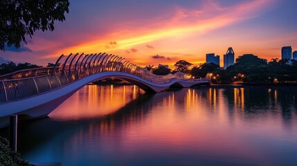 Naklejka premium Serene sunset over a city park with a modern bridge over a lake. Vibrant colors paint the sky and water.