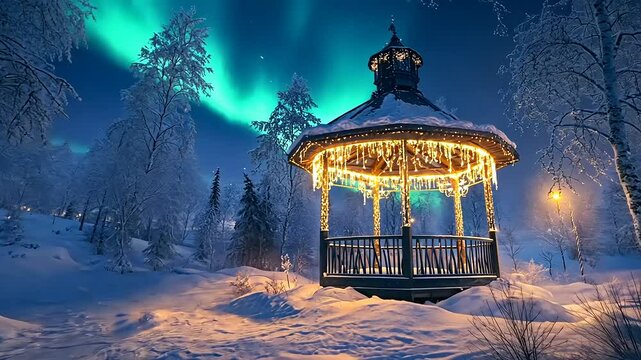 Winter gazebo illuminated by lights under the northern lights in a snowy landscape at night