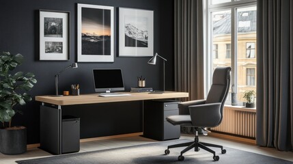 Modern home office, desk, chair, city view