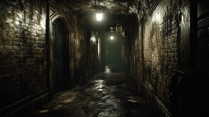 Dark, damp corridor; decaying building; horror game scene