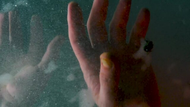 water is poured into a tank with air bubbles in red light with drops in the hand of a man