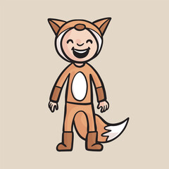 a kid wearing fox costume in isolated outline flat design