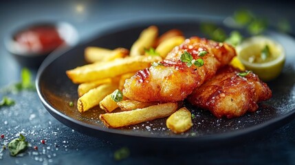 Indulge in deliciousness with this close-up image of golden fried fish and crispy chips, a classic comfort food combination perfect for any meal Savor the enticing textures and rich flavors