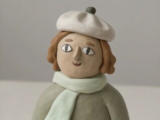 Plasticine Parisienne: French girl Insta avatar with brown clay hair in pastel tones, scarf and beret.