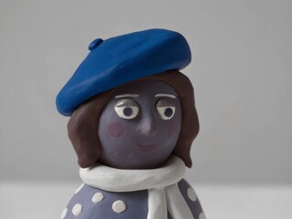 Plasticine Parisienne: French girl Insta avatar with brown clay hair in pastel tones, scarf and beret.