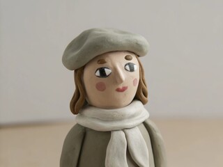 Plasticine Parisienne: French girl Insta avatar with brown clay hair in pastel tones, scarf and beret.