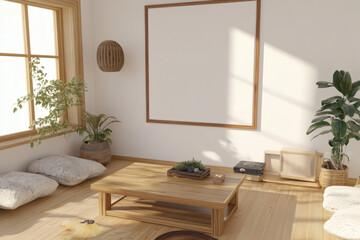Interior design with minimalist wooden furniture and green potted plants