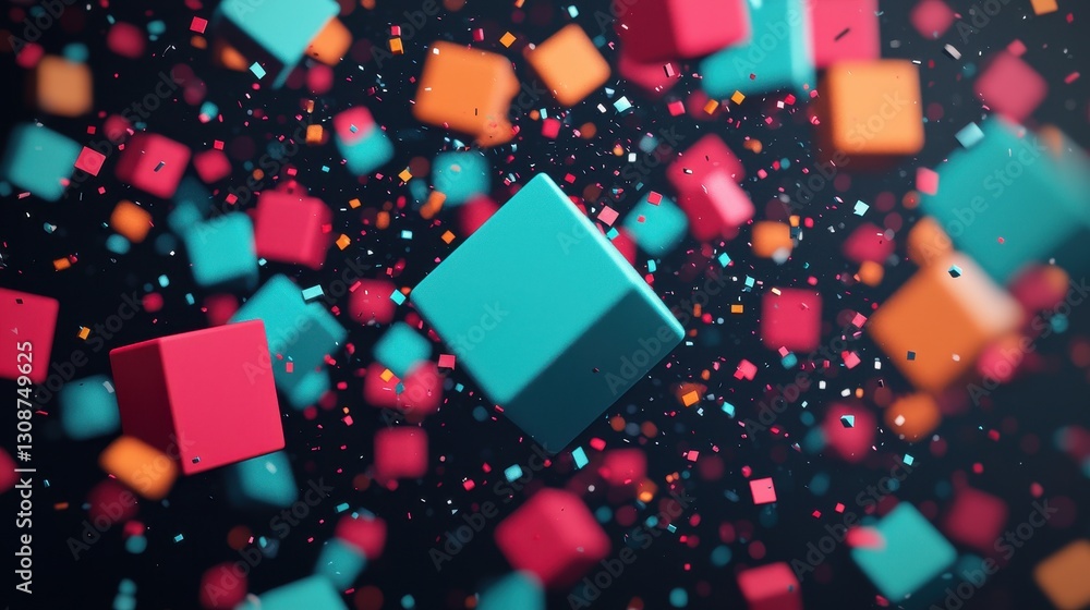 Poster colorful 3d cubes floating in space with vibrant particles and smooth dark background