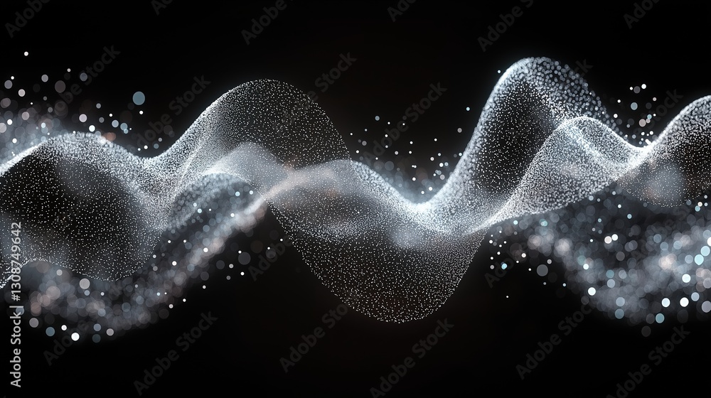 Poster wave of light is shown in a black background. the light is made up of many small dots, giving the im