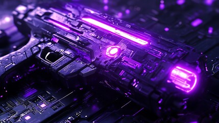 Futuristic Weapon with Glowing Purple Lights Resting on Circuit Board