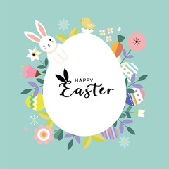 Happy Easter floral background, Easter egg card, framed banner design.