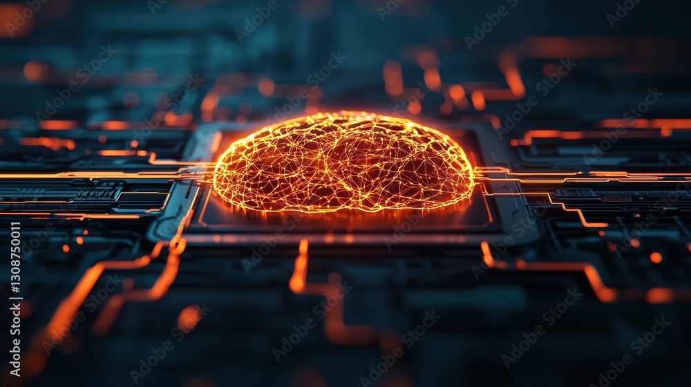 Poster abstract representation of a glowing brain with neural connections over a dark circuit board backgro