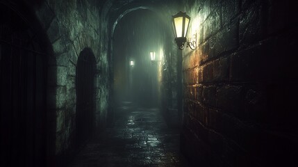 Dark, misty alleyway; stone walls, lanterns; gothic backdrop; game asset