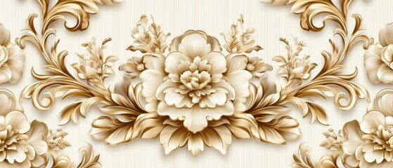 Seamless ornamental damask floral pattern in polished gold on soft cream, refined European floral luxury pattern, sophisticated aristocratic elegance