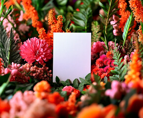 A blank white card is surrounded by a vibrant floral arrangement featuring pink, orange, and red flowers with lush green foliage, creating a beautiful and elegant setting for a greeting, message.