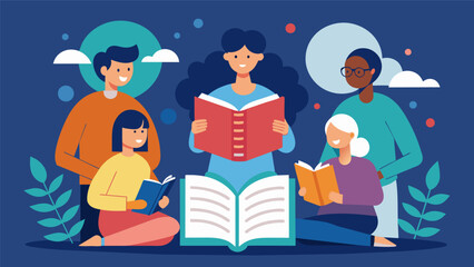 The book club members take turns sharing their own personal connections to the story revealing deeper insights and meaning within the pages.. Vector illustration