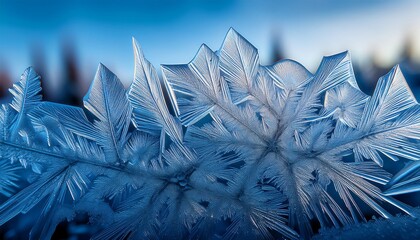 Ultra-detailed macro of ice crystal formations, showcasing frosty winter textures with intricate, geometric shapes sparkling under soft, cool light.
