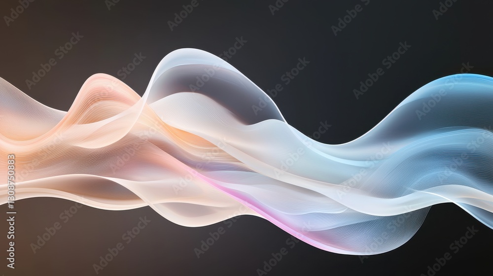 Poster abstract flowing wave pattern with soft pastel colors on a dark background, expressing movement and 