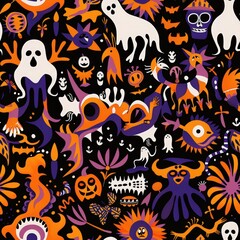Obraz premium A bold and eerie seamless pattern featuring ghosts, skulls, jack-o'-lanterns, bats, mythical creatures, and surreal Halloween elements
