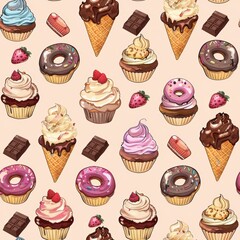 A delicious seamless pattern featuring a variety of desserts, including cupcakes, ice cream cones, donuts, chocolate bars, and strawberries.
