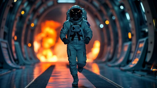 An astronaut in a white spacesuit run through a futuristic space station corridor with fire and explosions behind him. The dramatic lighting and sci-fi atmosphere create a sense of urgency and danger.